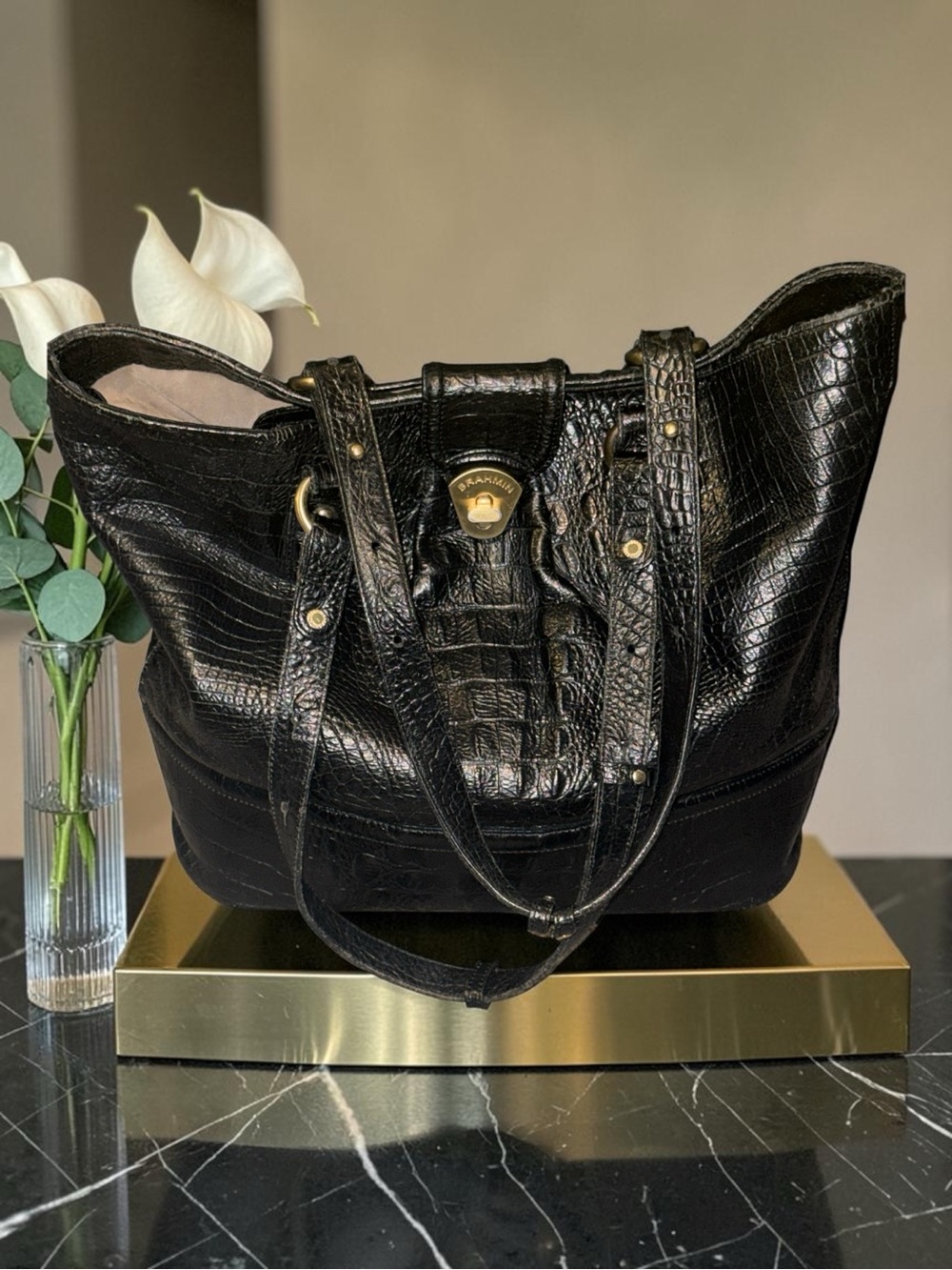 Brahmin Black Croc Embossed Double Strap Shoulder Bag